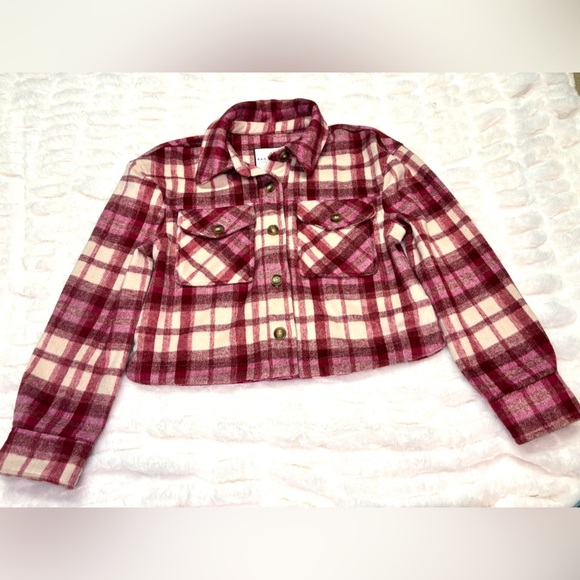 Bagatelle Pink Plaid Cropped Wool Blend Women’s Small Jacket- Fuzzy & Soft - Picture 1 of 11